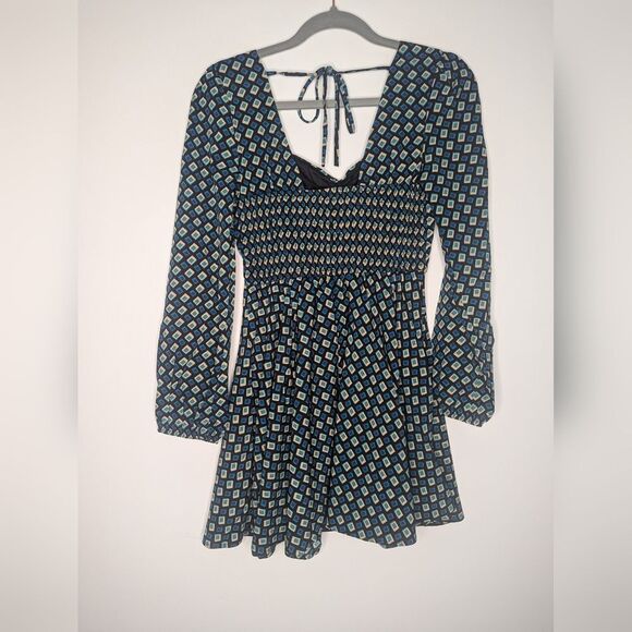 NWT Band of the Free GENEVIEVE TEAL DIAMOND LONG SLEEVE MINI DRESS XS - Picture 9 of 10